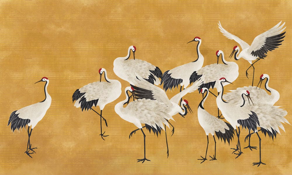 Cranes on Yellow Wallpaper Mural