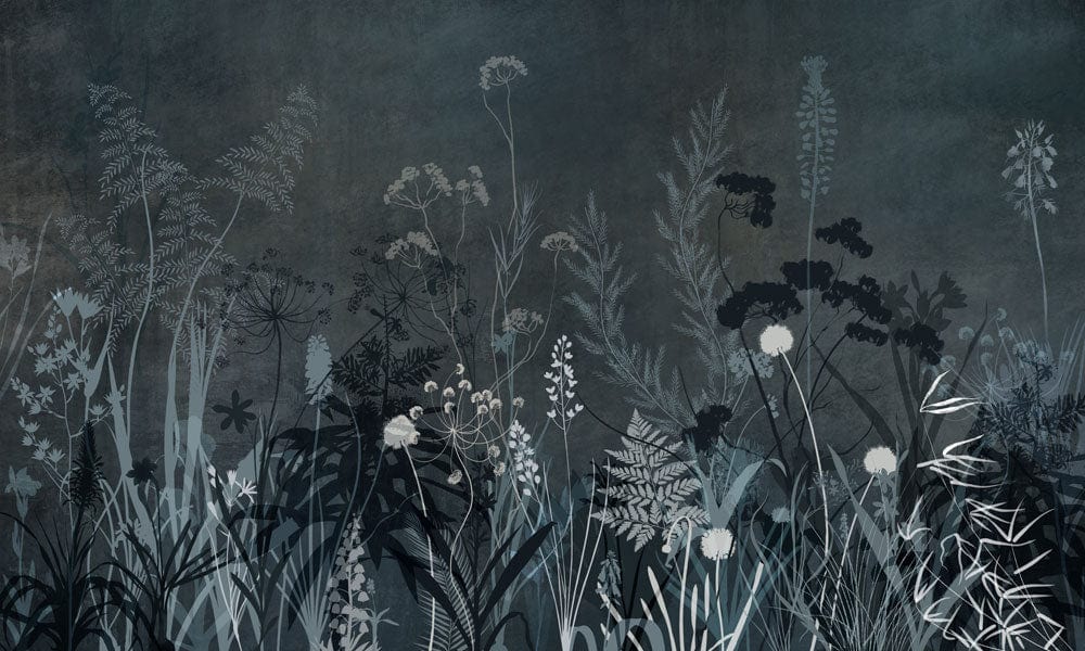Midnight Botanical Elegance: Dark Floral Patterned Mural Wallpaper in Grey Tones