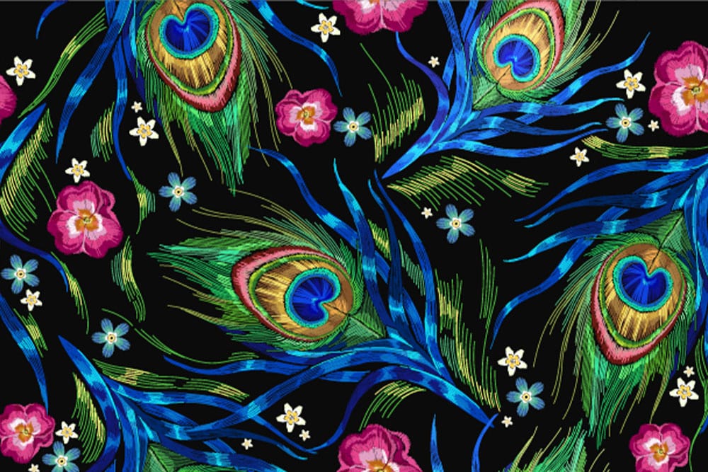 Vibrant Peacock Feather and Floral Black Background Mural Wallpaper Décor