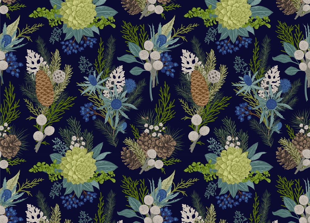 Winter Botanical Pinecone and Foliage Patterned Wallpaper in Midnight Blue