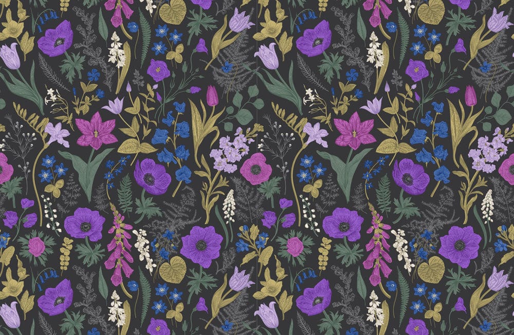 Botanical Bliss Dark Floral Wallpaper in Purple, Gold and Green Pattern