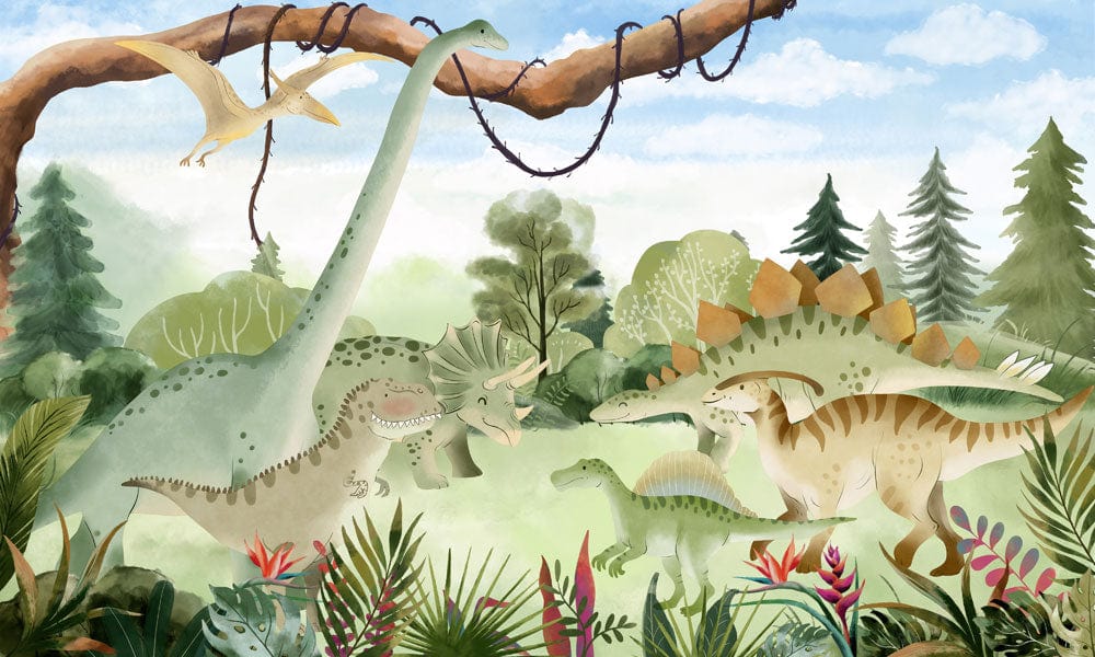 Enchanting Dinosaur Jungle Mural Wallpaper for Kids' Room - Green Adventure Theme