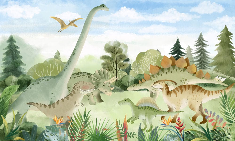 Dinosaur Adventure Mural Wallpaper: Colourful Prehistoric Jungle Scene for Kids