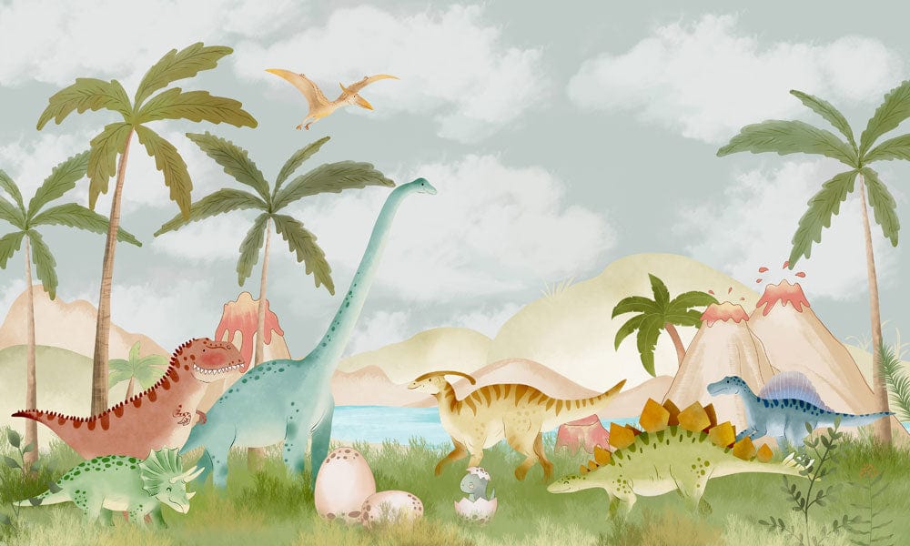 Enchanted Dinosaur Adventure Mural Wallpaper in Pastel Watercolour Jungle Design