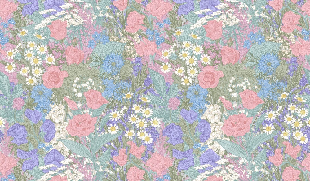Vintage Pastel Floral Garden Wallpaper - Pink, Blue, Green Botanical Design