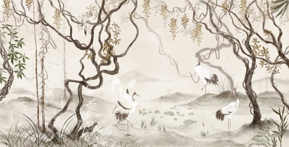 Serene Crane Landscape Mural Wallpaper with Elegant Natural Tones Design