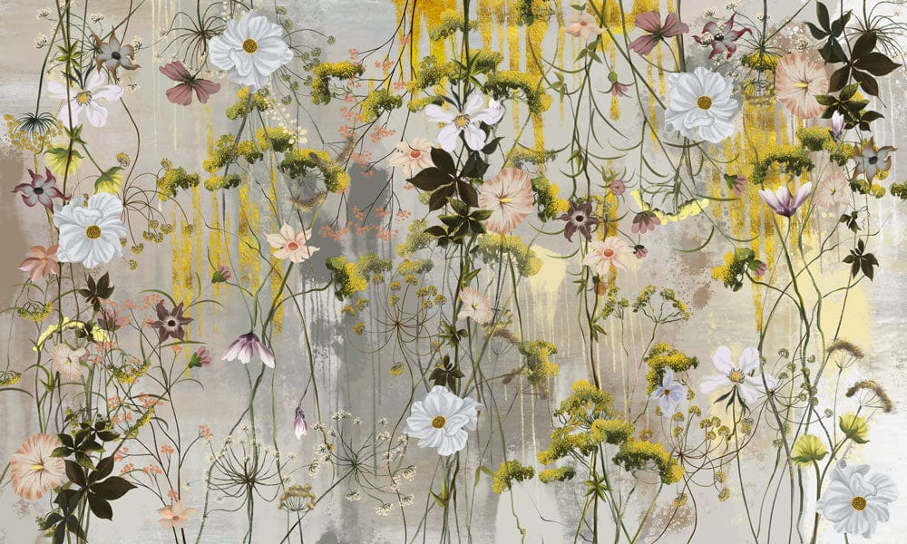 Elegant Floral Watercolour Mural Wallpaper in Soft Pastel Hues with Wildflowers