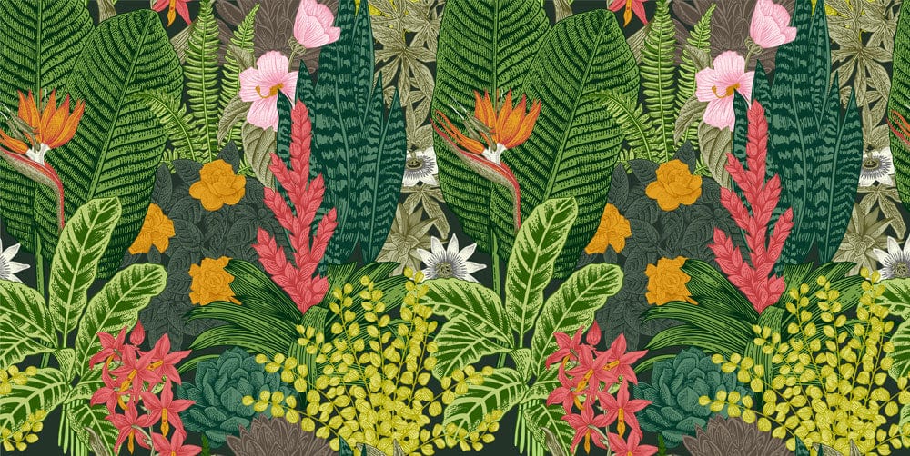 Tropical Paradise Botanical Mural Wallpaper with Vibrant Greenery and Exotic Flowers