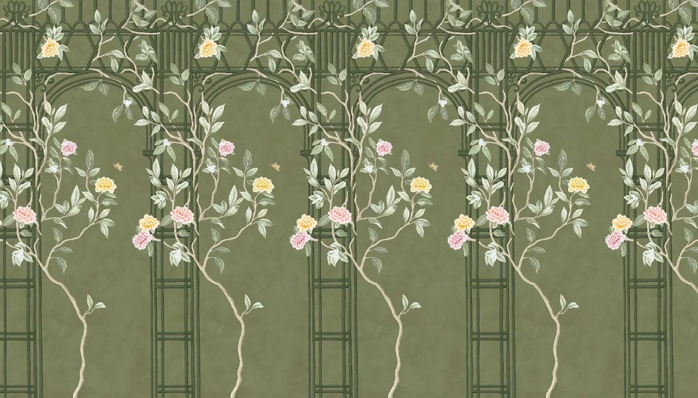 Vintage Botanical Green Floral Mural Wallpaper with Pastel Blooms and Vines
