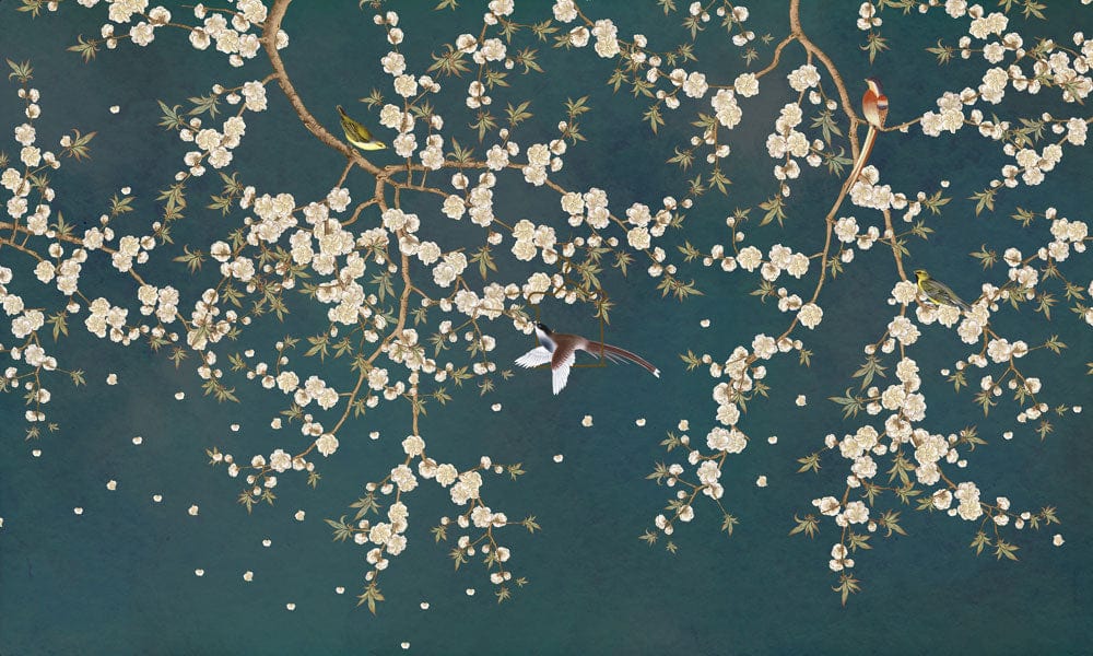 Elegant Teal Blossom Branches with Birds Oriental Style Wallpaper Mural