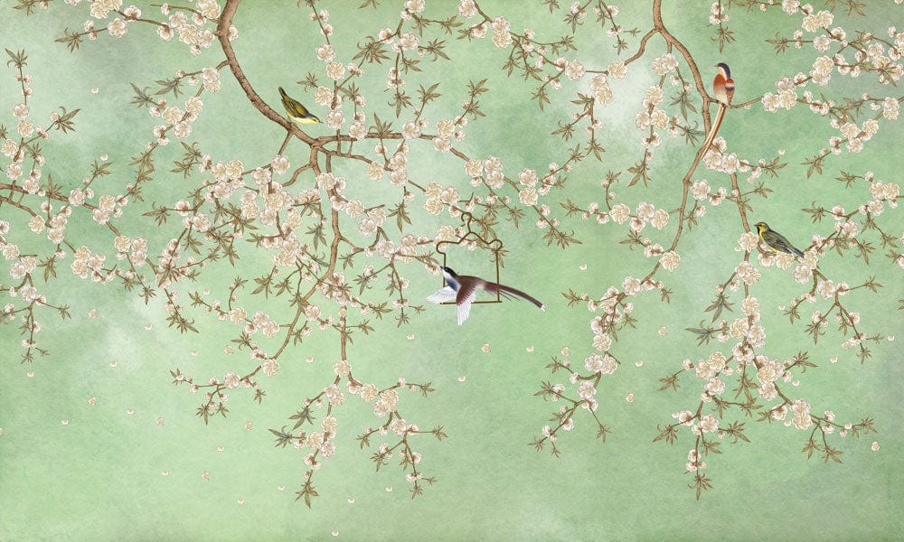 Serene Green Blossom Birds Chinoiserie Mural Wallpaper with Floral Elegance