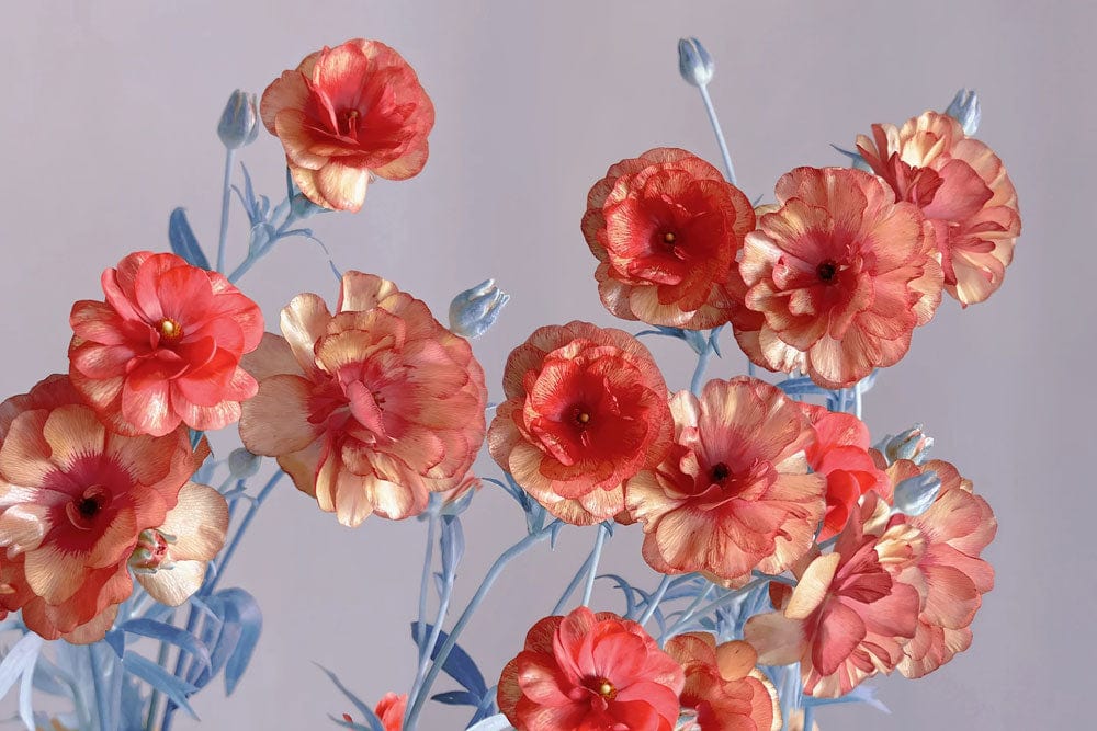 Vintage Coral Floral Mural Wallpaper with Soft Blue Accents for Interiors