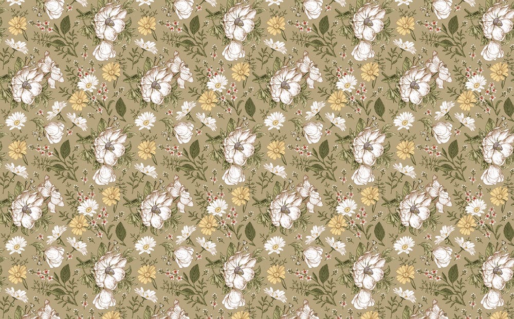 Vintage Floral Pattern Wallpaper: Green, White and Yellow Botanical Elegance