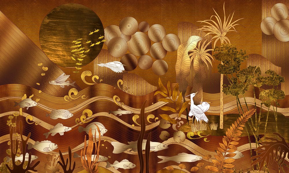 Golden Nature-Inspired Textured Mural Wallpaper with Herons and Fish Design