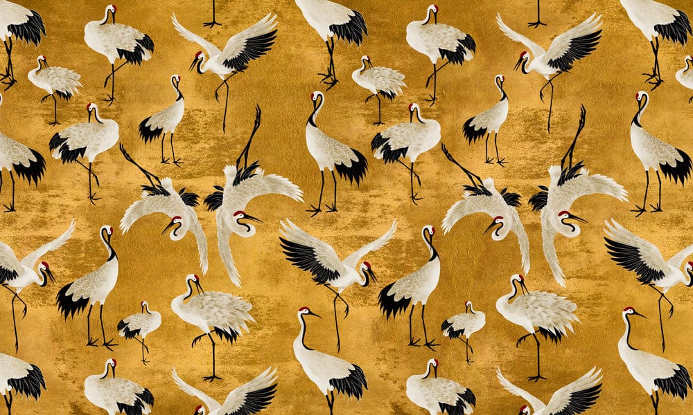 Elegant Golden Crane Wallpaper: Vintage Oriental Bird Pattern Design
