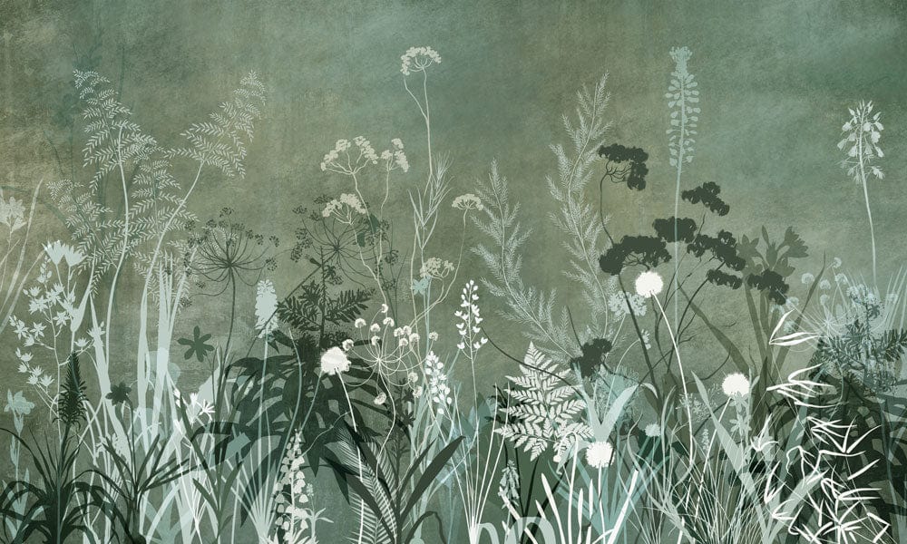 Botanical Forest Green Floral Mural Wallpaper with Elegant Nature Pattern Design