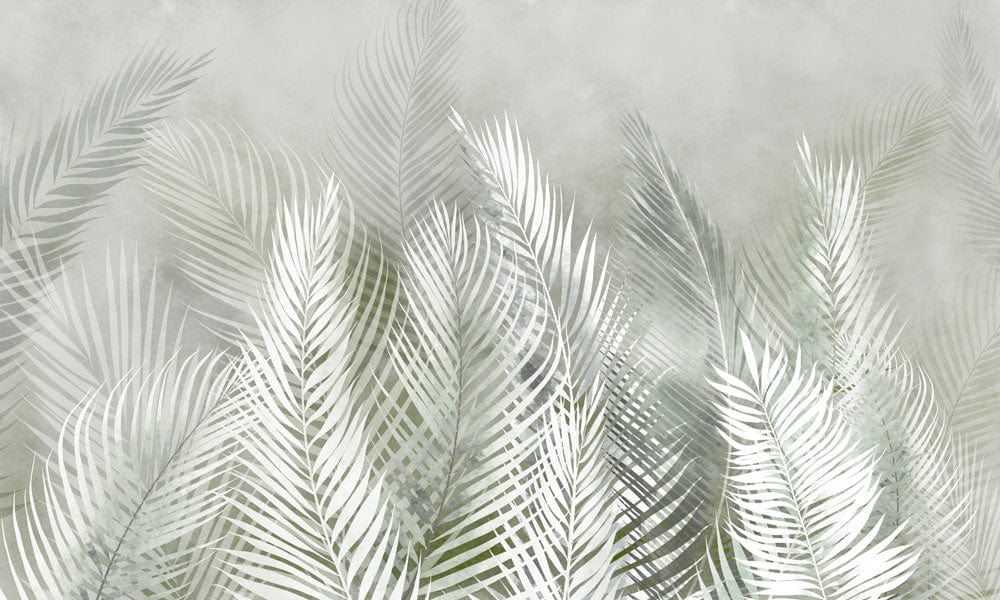 Tropical Misty Ferns Mural Wallpaper in Soft Grey and Green Tones