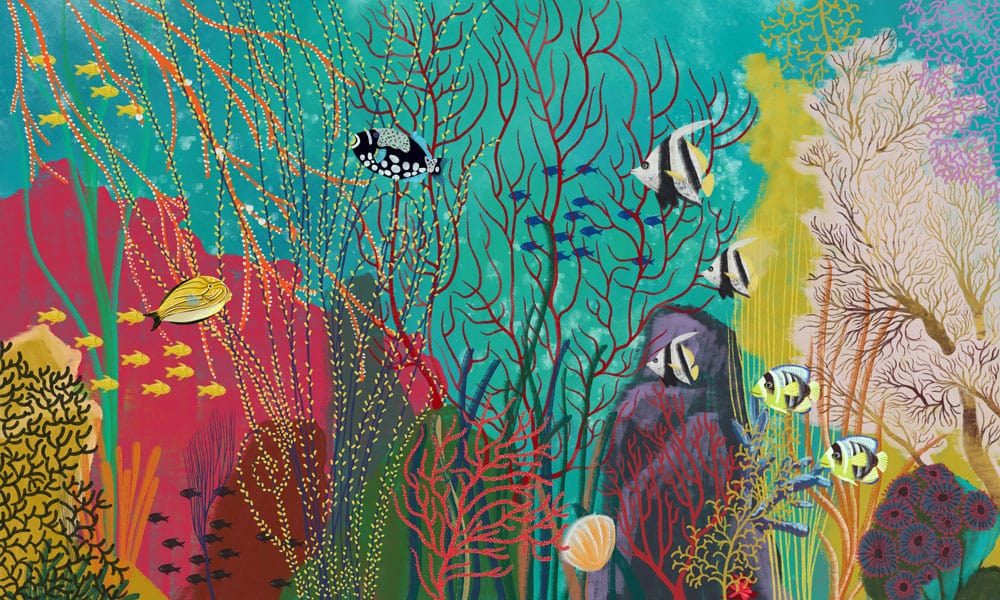 Tropical Underwater Paradise Mural Wallpaper with Vibrant Coral Reef Design