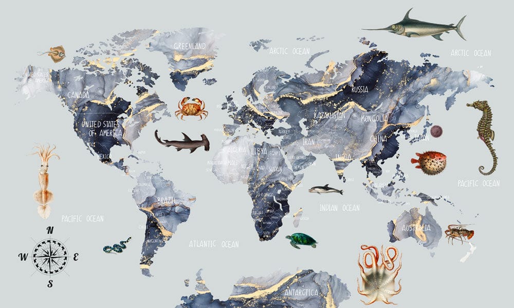 Nautical World Map Mural Wallpaper: Oceanic Animals, Blue-Grey Watercolour Design
