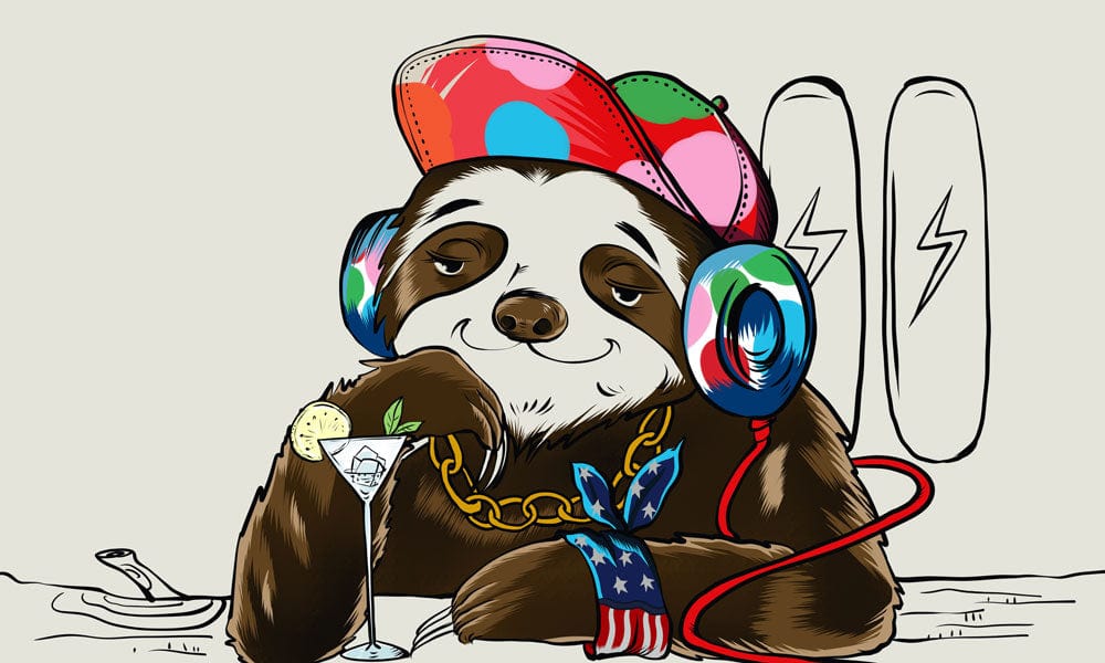 Vibrant Hipster Sloth Mural Wallpaper with Colourful Headphones and Cap Design