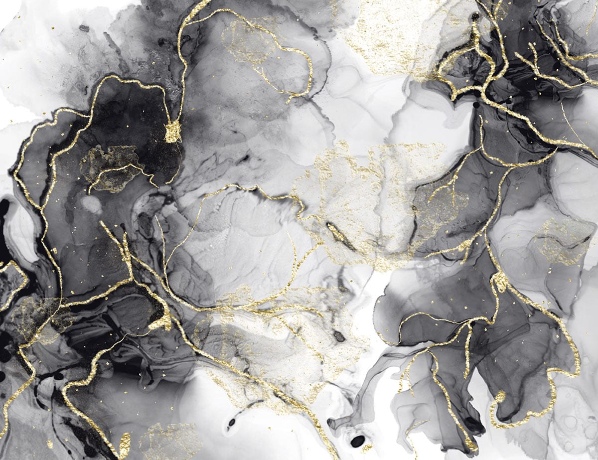 Luxurious abstract black and gold marble effect wallpaper, perfect for modern interiors, complements contemporary decor.