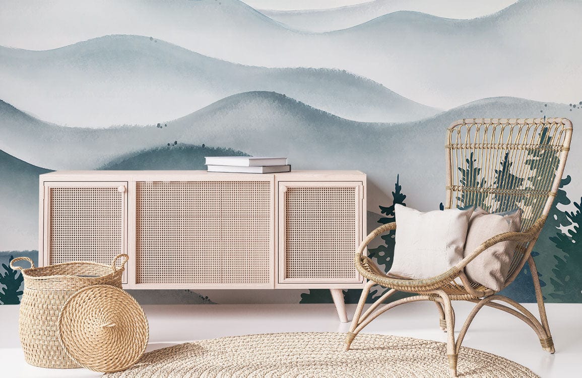 Serene Misty Mountains wallpaper, wicker chair, sideboard, beige furniture, and carpet in calming room.