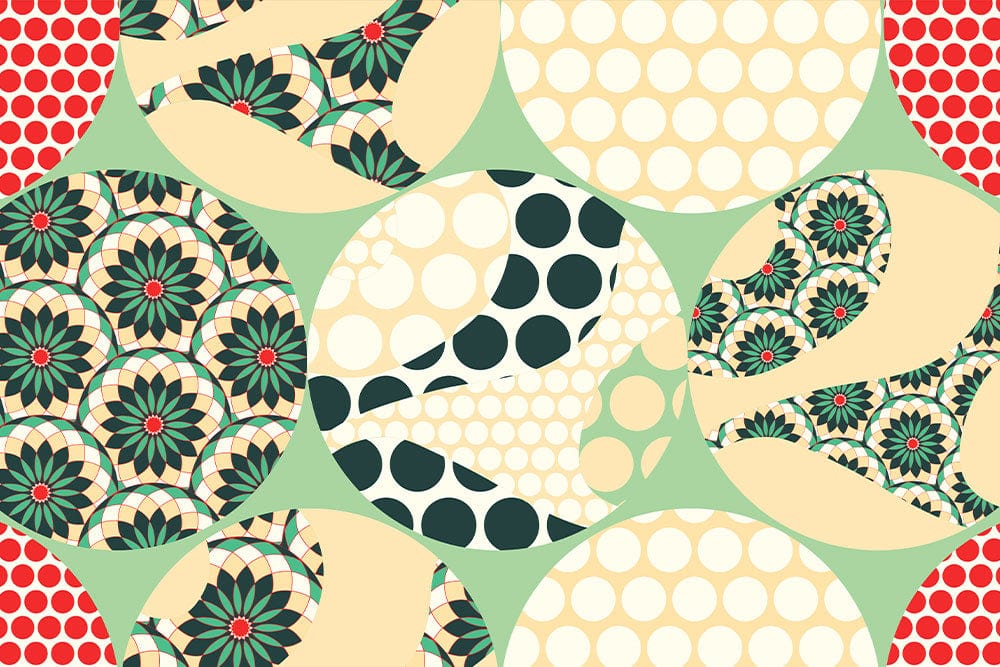 Retro Geometric Circles Wallpaper with Green, Beige, and Red Accents