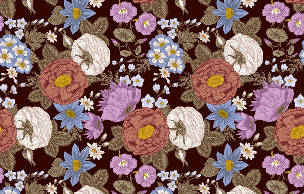 Vintage Floral Delight Dark Brown Botanical Wallpaper for Elegant Interiors