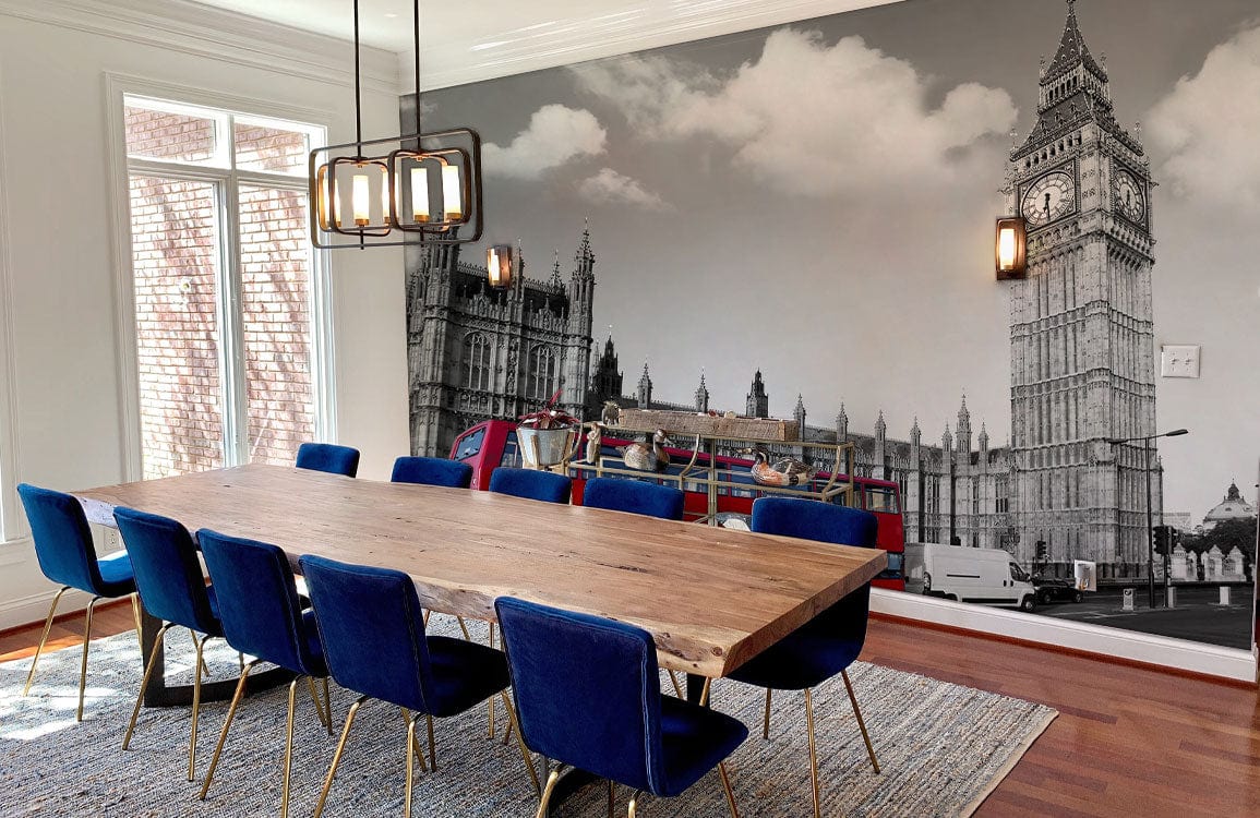 Dining room with Classic London Scene Wallpaper Mural, red bus, blue chairs, wooden table, Big Ben.
