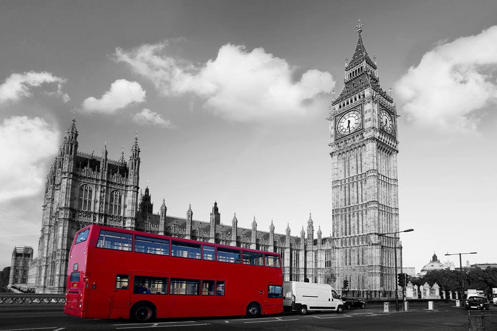 Classic London Scene Wallpaper Mural with Red Bus and Big Ben