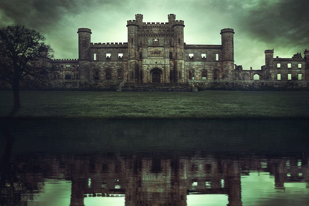 Gothic Castle Reflection Mural Wallpaper in Moody Green Tones