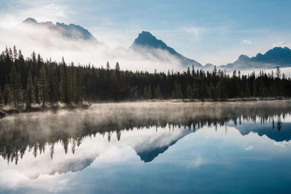 Tranquil Mountain Lake Landscape Mural Wallpaper - Misty Blue Serenity