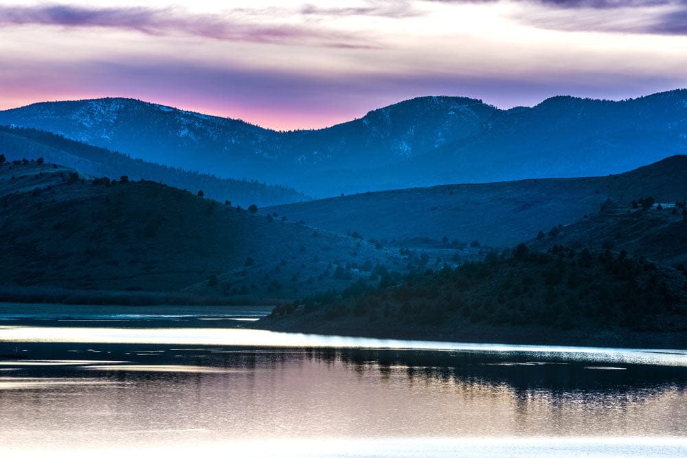 Tranquil Mountain Dusk Scenic Wallpaper Mural in Shades of Purple and Blue