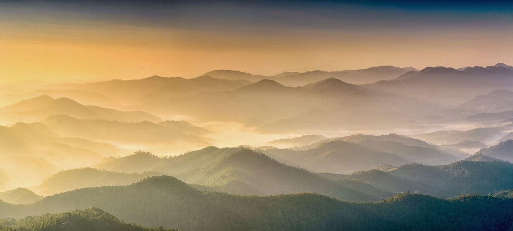 Tranquil Sunrise Mist Mountain Landscape Mural Wallpaper in Soft Hues