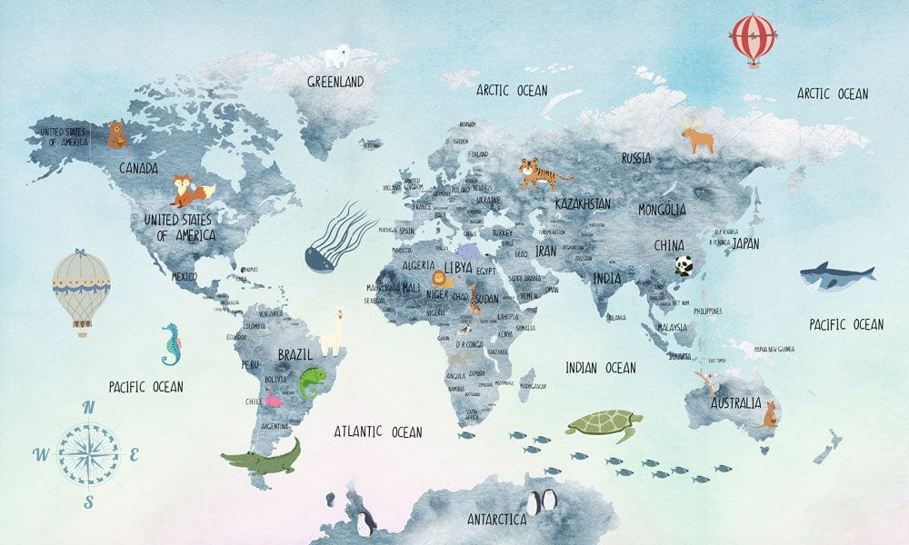 Whimsical World Map Mural Wallpaper - Vintage Style Blue Tones Adventure