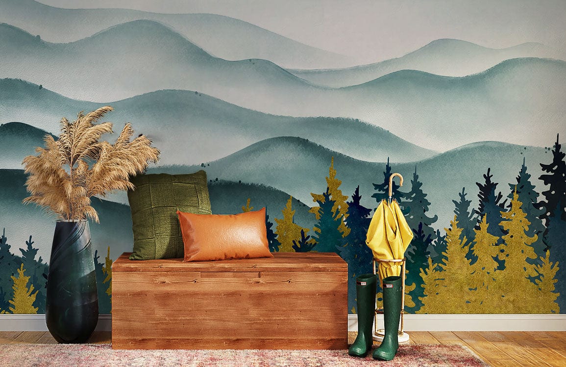 Tranquil Blue Forest mural with bench, green cushion, orange pillow, rustic flooring, vases, boots.