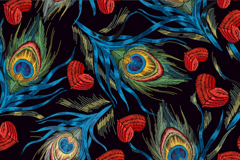 Vibrant Peacock Feather and Red Heart Pattern Mural Wallpaper Design