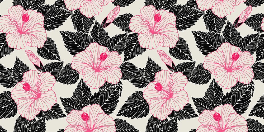 Elegant Pink Hibiscus Floral Wallpaper with Bold Black Leaves Pattern