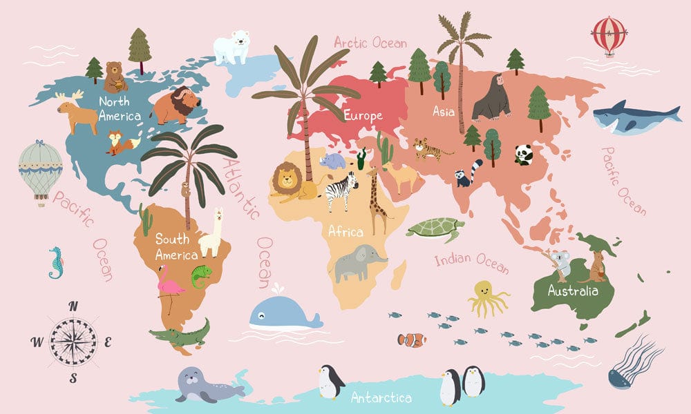 Whimsical Pastel World Map Kids' Educational Animal Adventure Wallpaper