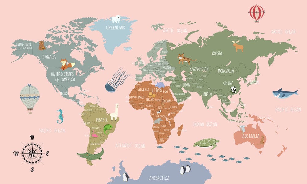 Charming Pastel World Map Mural Wallpaper for Kids' Adventure Rooms