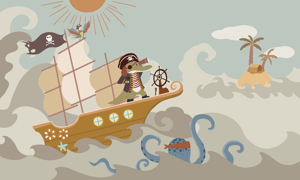 Playful Pirate Adventure Mural Wallpaper for Children's Room - Nautical Theme