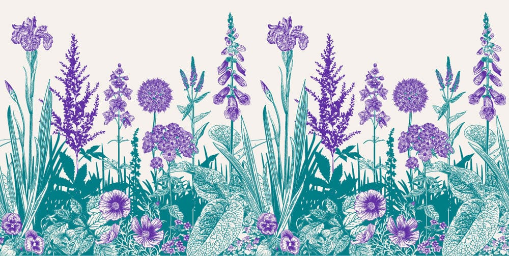 Elegant Purple and Teal Floral Garden Pattern Wallpaper - Vintage Style Design