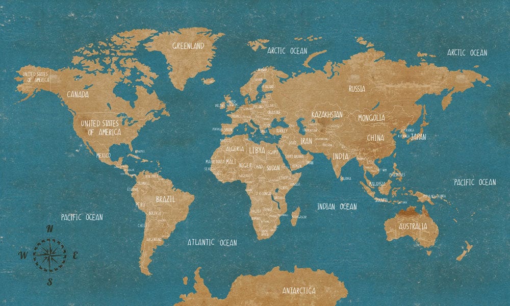 Vintage Blue and Tan World Map Mural Wallpaper for Timeless Elegance