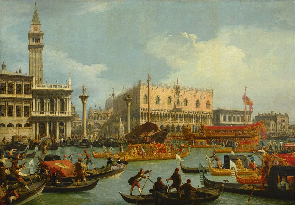 Historic Venetian Canal Scene Mural Wallpaper, Classic Italian Artistry in Blue