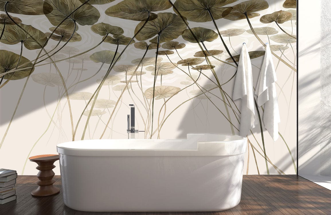 Serene Water Lilies Mural Wallpaper; white bathtub, earthy tones, contemporary bathroom setting, wooden flooring.