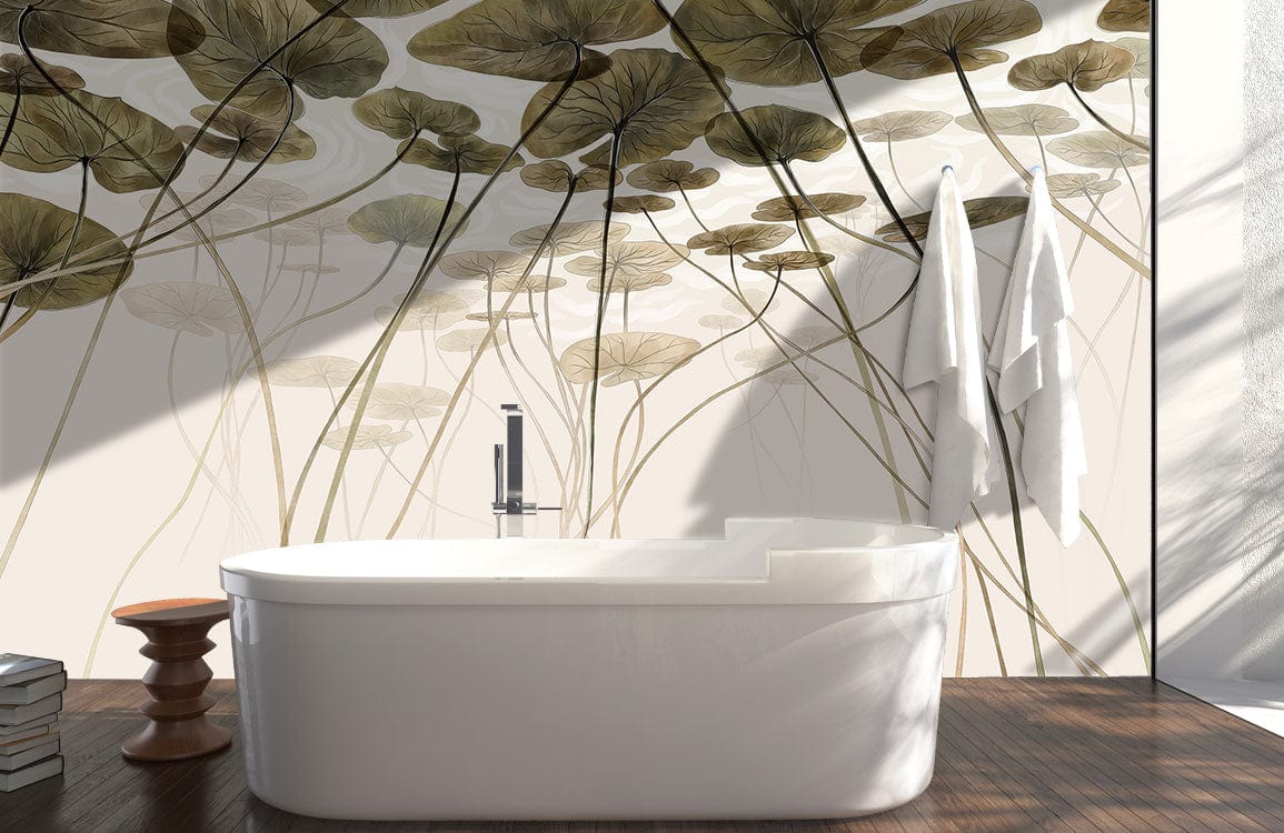 Wallpaper mural featuring a rising lotus flower for use as bathroom decor.