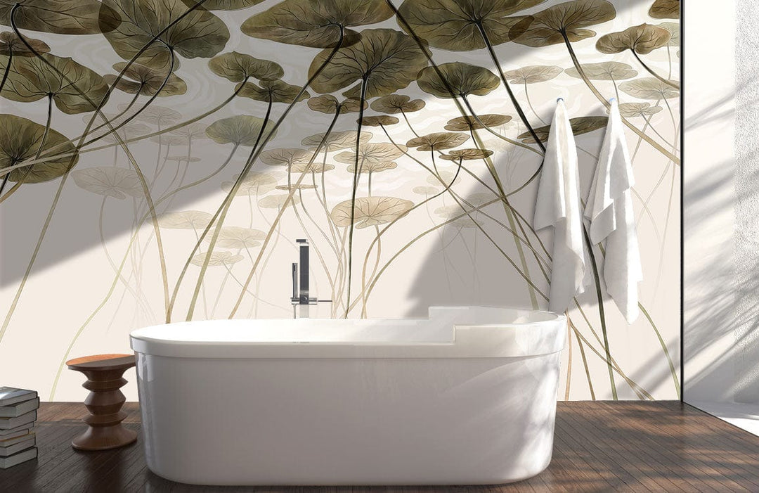 Serene Water Lilies Mural Wallpaper; white bathtub, earthy tones, contemporary bathroom setting, wooden flooring.