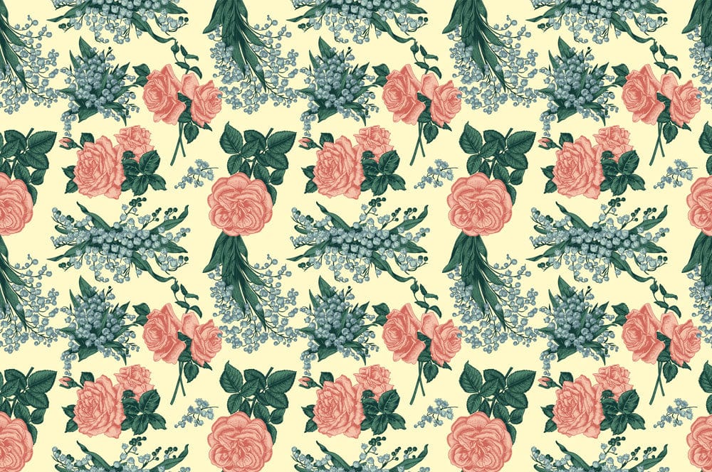 Vintage Floral Blossom Pattern Wallpaper in Soft Pink and Green Palette