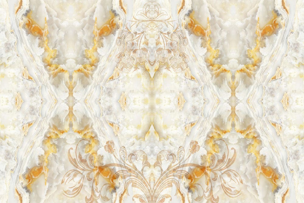 Elegant Marble Effect Wallpaper with Golden Highlights and Ornate Patterns Design