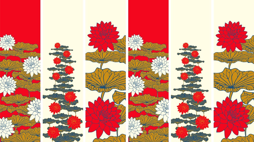 Red and Gold Floral Bloom Oriental Style Wallpaper Mural Design